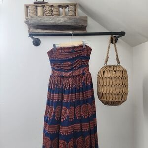 Strapless Navy & Rust Patterned Maxi Dress
